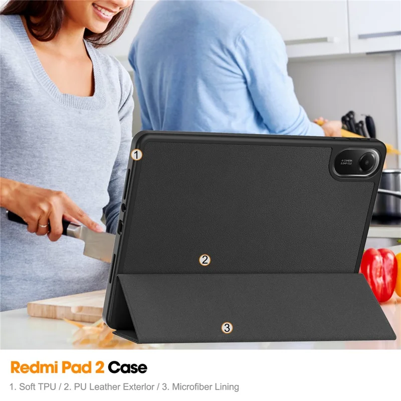 For Xiaomi Redmi Pad 2 Stand Case Shock-Absorbent Leather Tablet Cover with Pen Slot - Black-Cellmalls