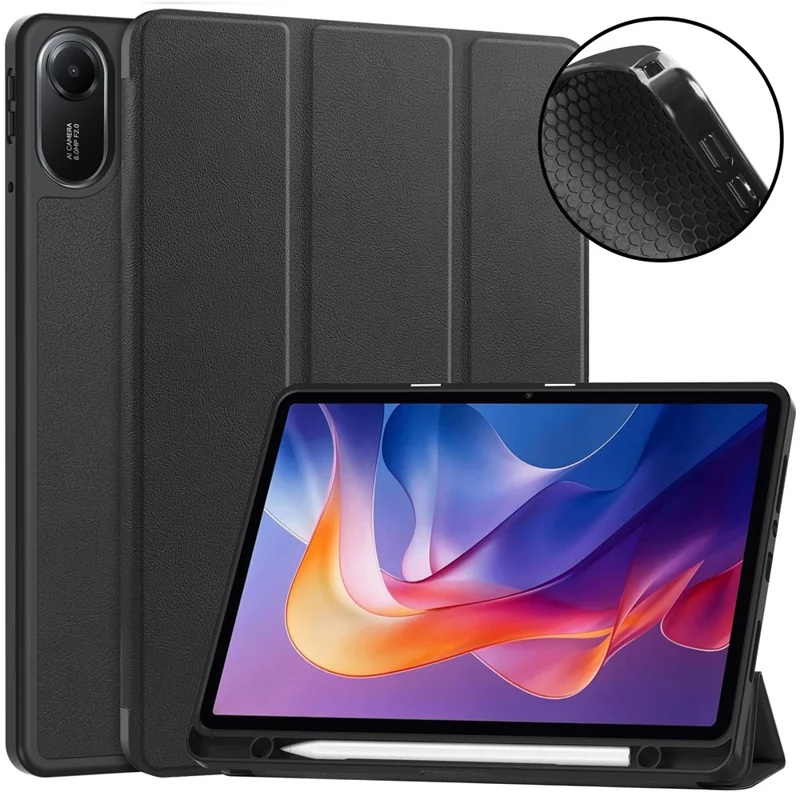 For Xiaomi Redmi Pad 2 Stand Case Shock-Absorbent Leather Tablet Cover with Pen Slot - Black-Cellmalls