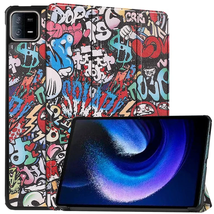 For Xiaomi Pad 6 / Pad 6 Pro PU Leather Trifold Stand Tablet Case Pattern Printing Auto Wake / Sleep Cover - Graffiti-Cellmalls