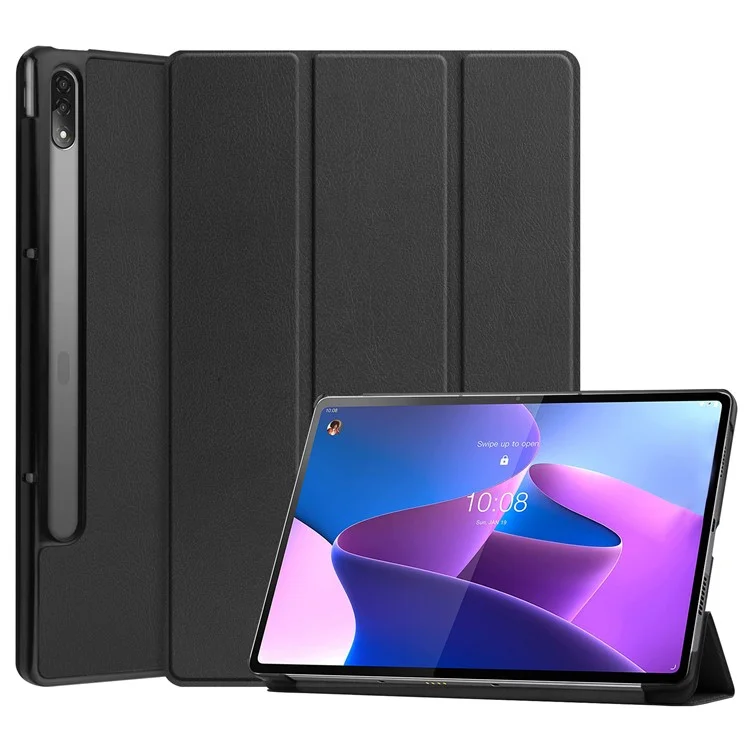 Trifold Stand Tablet Cover for Lenovo Tab P12 Pro, PU Leather + PC Protective Auto Wake/Sleep Smart Case - Black-Cellmalls