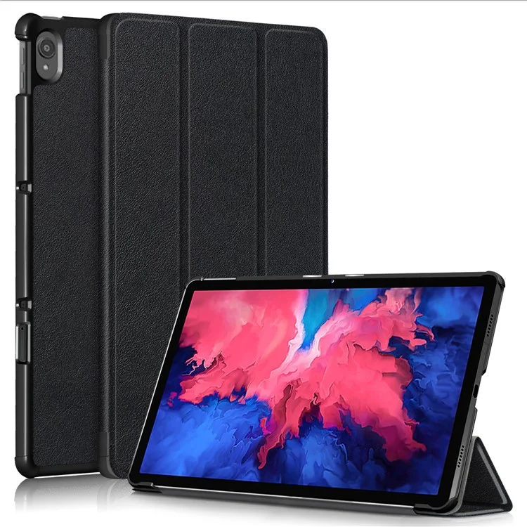 Narrow Bezel Tri-fold Auto-Sleep-and-Wake Smart Leather Stand Case with Anti-Shock Bumper for Lenovo Tab P11 TB-J606F / Tab P11 5G - Black-Cellmalls