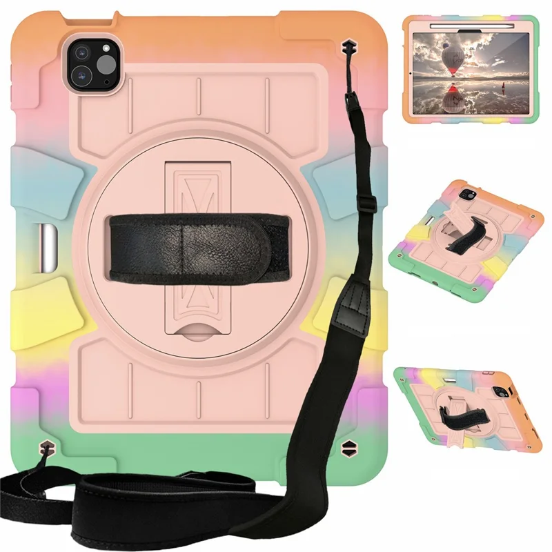 For iPad Pro 11 (2024) Kickstand Case with Shoulder Strap Rotating Hand Strap PC+TPU Tablet Cover - Purple-Cellmalls