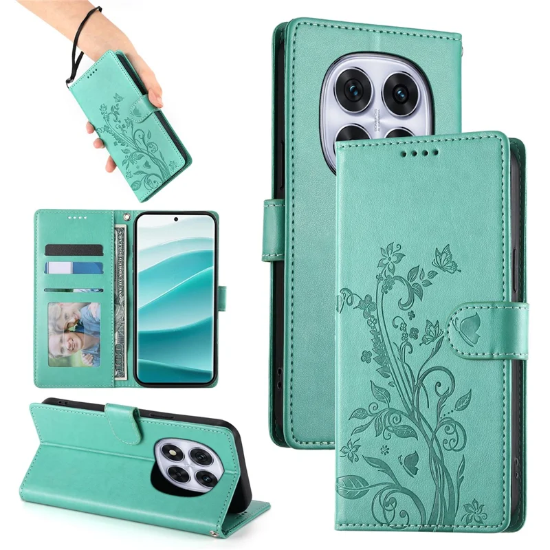 For Xiaomi Redmi Note 14 Pro 4G Wallet Case Butterfly Floral Imprint PU Leather Phone Cover with Wrist Strap - Green-Cellmalls