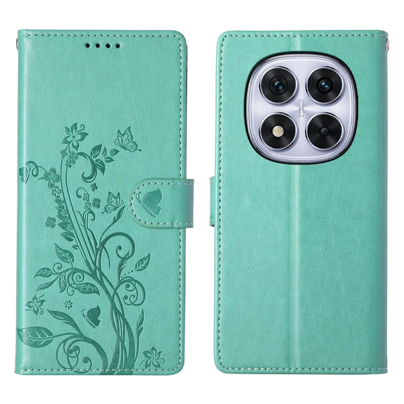 For Xiaomi Redmi Note 14 Pro 4G Wallet Case Butterfly Floral Imprint PU Leather Phone Cover with Wrist Strap - Green-Cellmalls