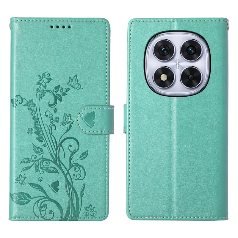 For Xiaomi Redmi Note 14 Pro 5G  /  Poco X7 5G Wallet Case Butterfly Floral Imprint PU Leather Phone Cover with Wrist Strap - Green-Cellmalls