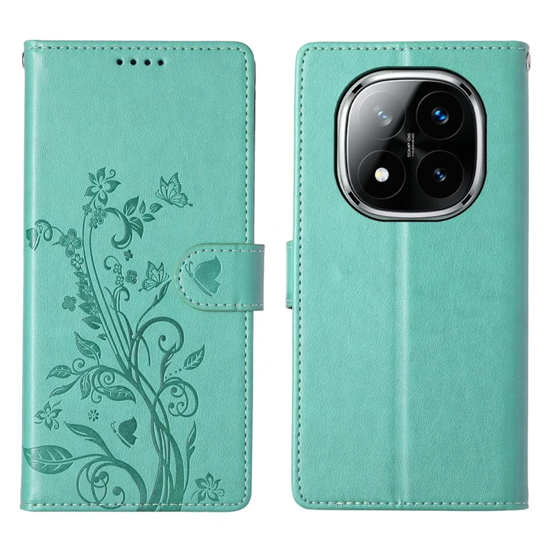 For Xiaomi Redmi Note 14 Pro+ 5G Wallet Case Butterfly Floral Imprint PU Leather Phone Cover with Wrist Strap - Green-Cellmalls