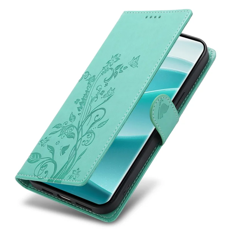 For Xiaomi Redmi Note 14 Pro 5G  /  Poco X7 5G Wallet Case Butterfly Floral Imprint PU Leather Phone Cover with Wrist Strap - Green-Cellmalls