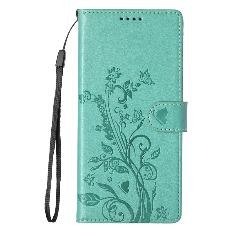 For Xiaomi Redmi Note 14 Pro 5G  /  Poco X7 5G Wallet Case Butterfly Floral Imprint PU Leather Phone Cover with Wrist Strap - Green-Cellmalls