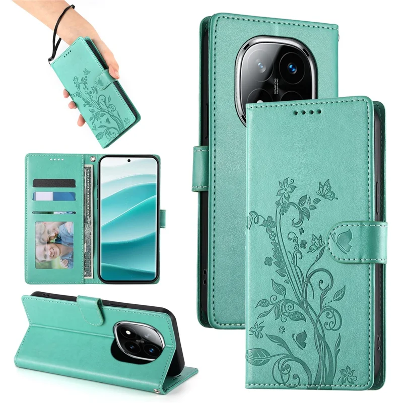 For Xiaomi Redmi Note 14 Pro+ 5G Wallet Case Butterfly Floral Imprint PU Leather Phone Cover with Wrist Strap - Green-Cellmalls