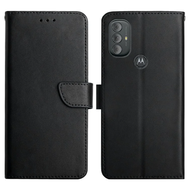 Flip Mobile Phone Shell Nappa Texture Genuine Leather Phone Case Shockproof Magnetic Closure Stand Wallet Cover for Motorola Moto G Power (2022) - Black-Cellmalls