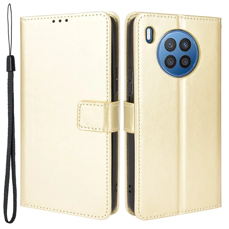 Crazy Horse Texture Anti-Scratch PU Leather Wallet Magnetic Clasp Case with Wrist Strap for Huawei nova 8i/Honor 50 Lite - Gold-Cellmalls
