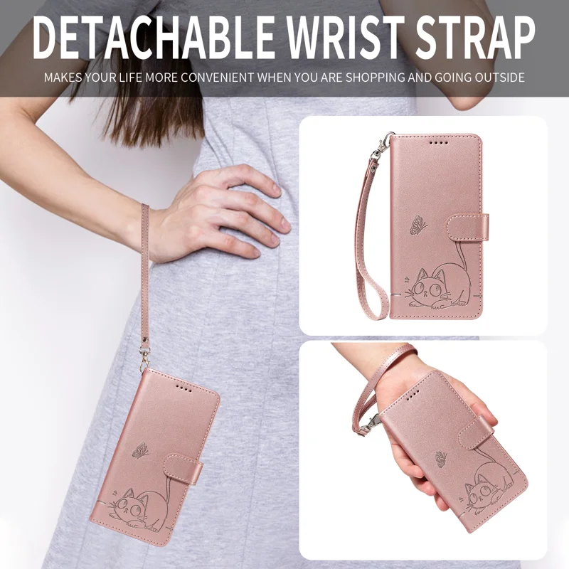 For Huawei Pura 80 Pro+ / Huawei Pura 80 Pro Case Cat Pattern Imprint Leather Phone Cover with Wrist Strap - Rose Gold-Cellmalls