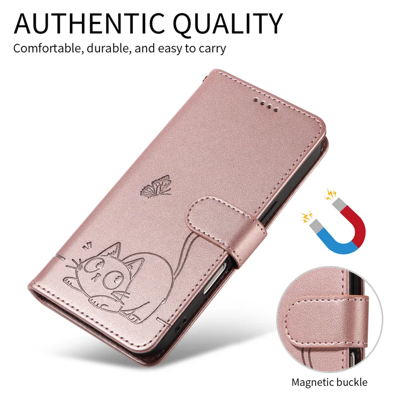 For Huawei Pura 80 Pro+ / Huawei Pura 80 Pro Case Cat Pattern Imprint Leather Phone Cover with Wrist Strap - Rose Gold-Cellmalls