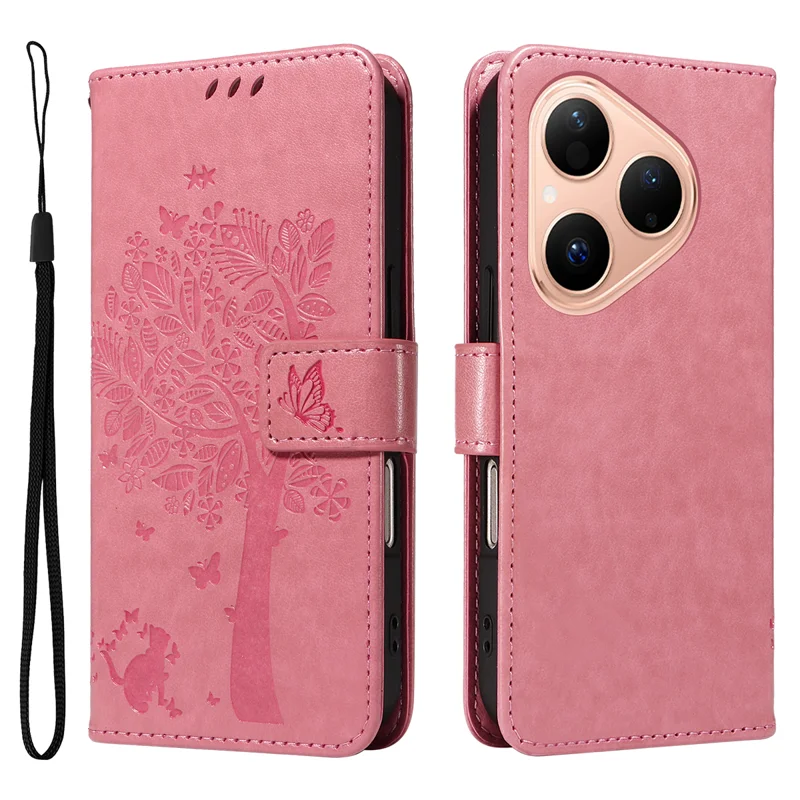 For Huawei Pura 80 Phone Case with Stand Cat Tree Pattern Leather Wallet Mobile Cover - Grey-Cellmalls