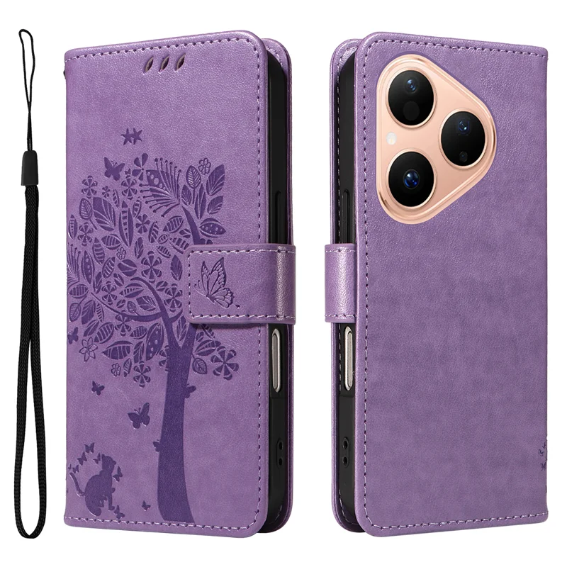 For Huawei Pura 80 Phone Case with Stand Cat Tree Pattern Leather Wallet Mobile Cover - Grey-Cellmalls