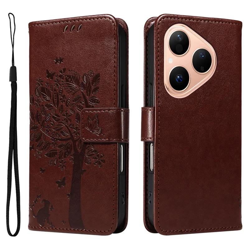 For Huawei Pura 80 Phone Case with Stand Cat Tree Pattern Leather Wallet Mobile Cover - Grey-Cellmalls