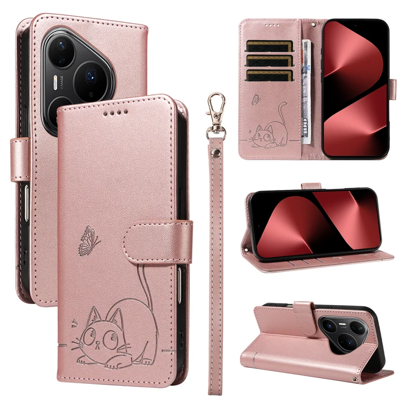 For Huawei Pura 80 Pro+ / Huawei Pura 80 Pro Case Cat Pattern Imprint Leather Phone Cover with Wrist Strap - Rose Gold-Cellmalls