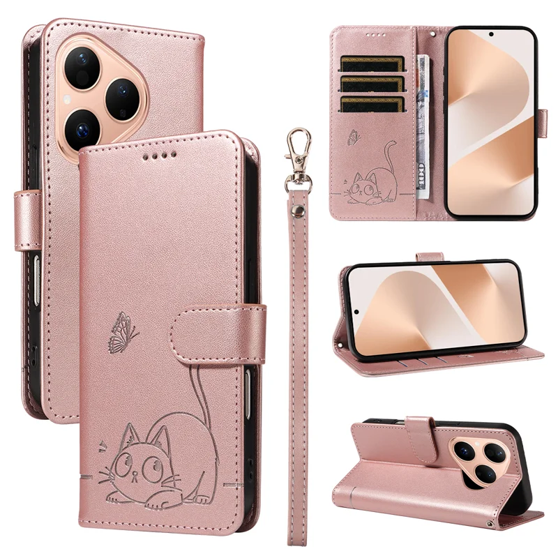 For Huawei Pura 80 Case Cat Pattern Imprint Leather Phone Cover with Wrist Strap - Rose Gold-Cellmalls