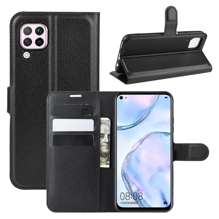 Litchi Surface Leather Wallet Case for Huawei nova 6 SE / nova 7i / P40 Lite Adjustable Stand Phone Case - Black-Cellmalls