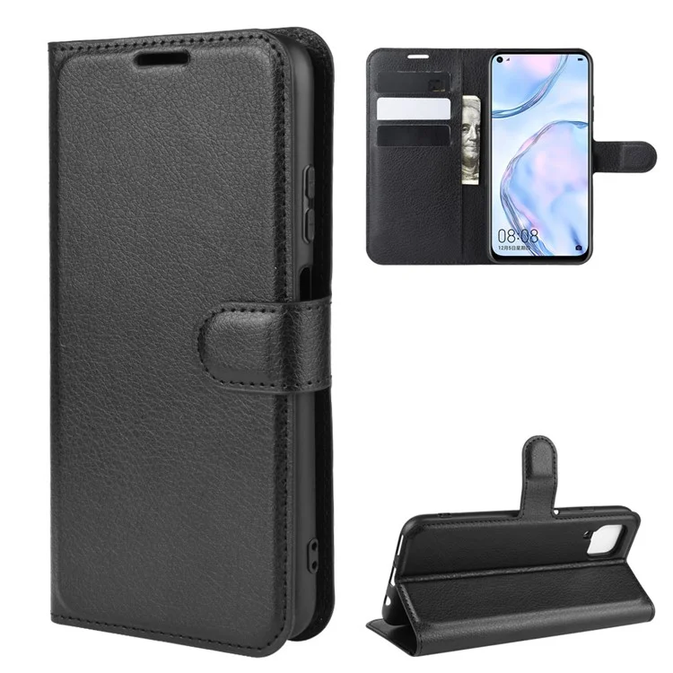 Litchi Surface Leather Wallet Case for Huawei nova 6 SE / nova 7i / P40 Lite Adjustable Stand Phone Case - Black-Cellmalls