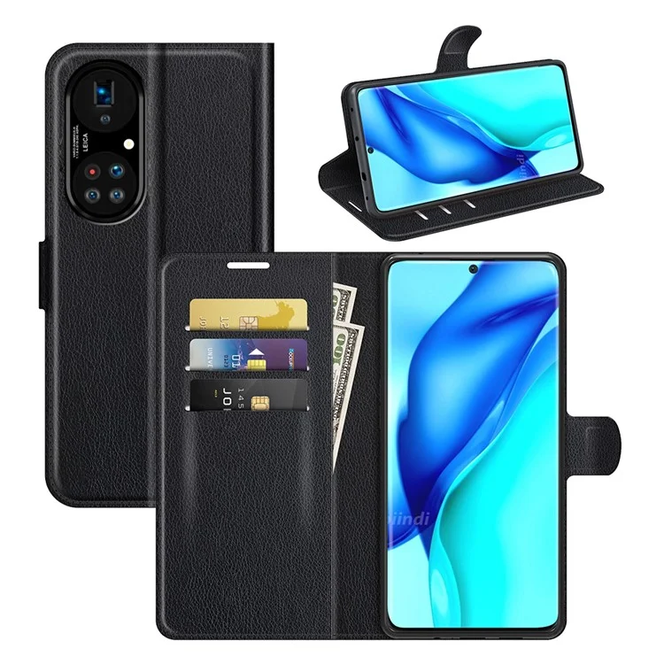 Litchi Skin Leather Wallet Stand Case for Huawei P50 Pro - Black-Cellmalls
