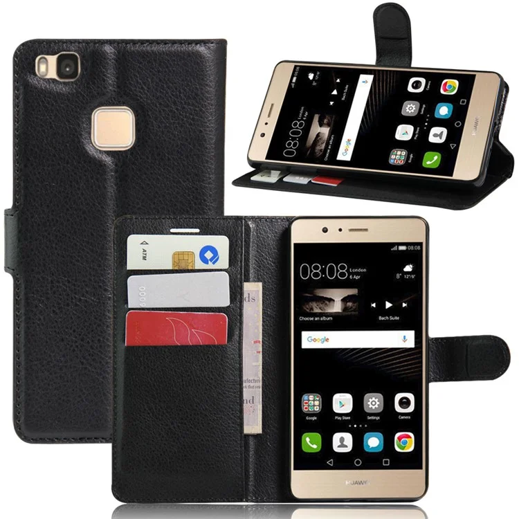 Litchi Grain Folio Flip Leather Wallet Case for Huawei P9 Lite - Black-Cellmalls
