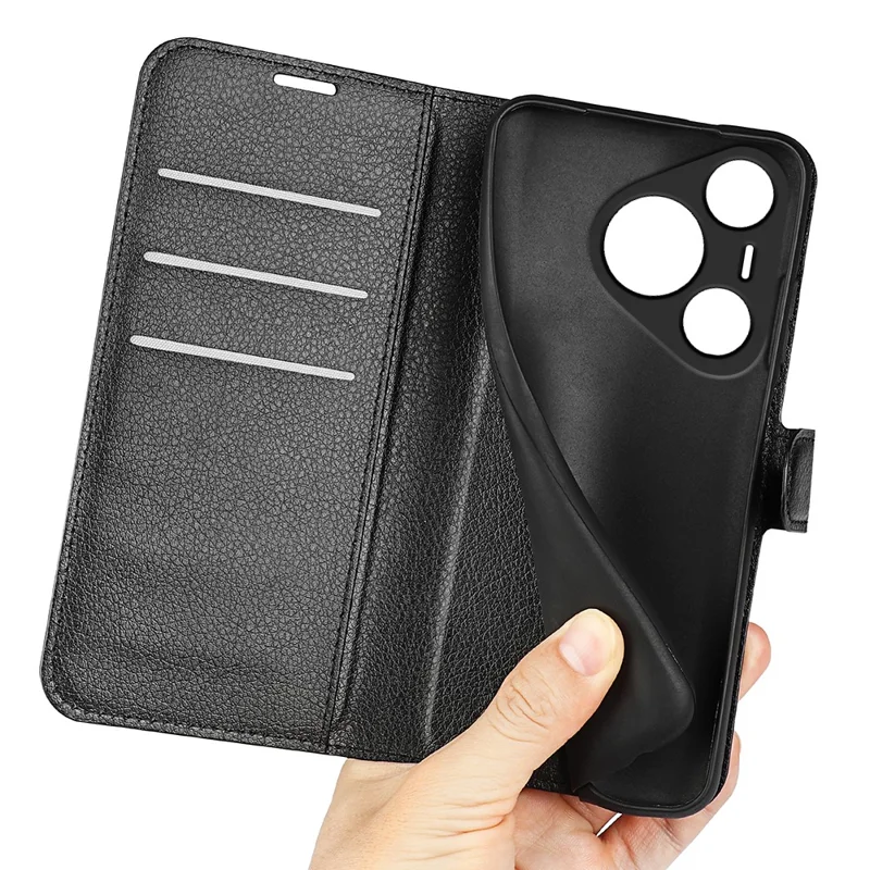 For Huawei Pura 70 Wallet Case with Card Holder Litchi Texture Leather Phone Cover - Black-Cellmalls