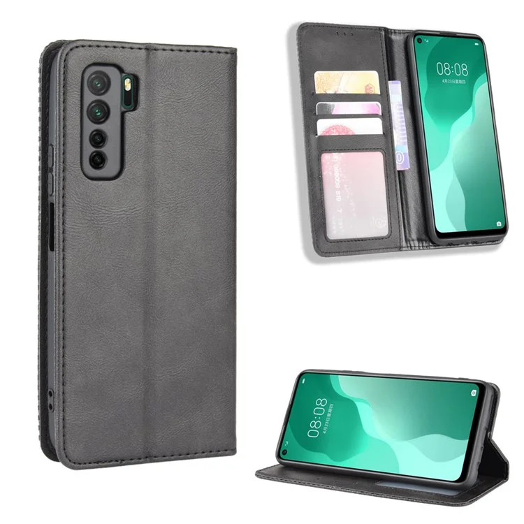Auto-absorbed Retro Leather Flip Protective Cover for Huawei nova 7 SE/P40 lite 5G - Black-Cellmalls