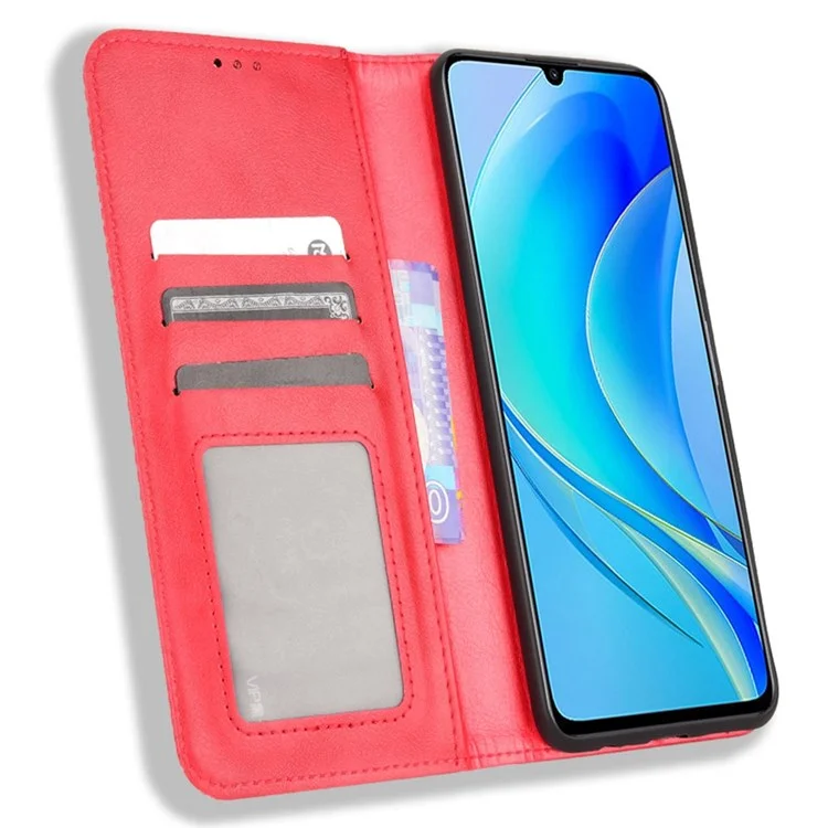 For Huawei nova Y70 4G/nova Y70 Plus 4G PU Leather Retro Texture Anti-wear Cell Phone Case Stand Wallet Shockproof Cover - Red-Cellmalls