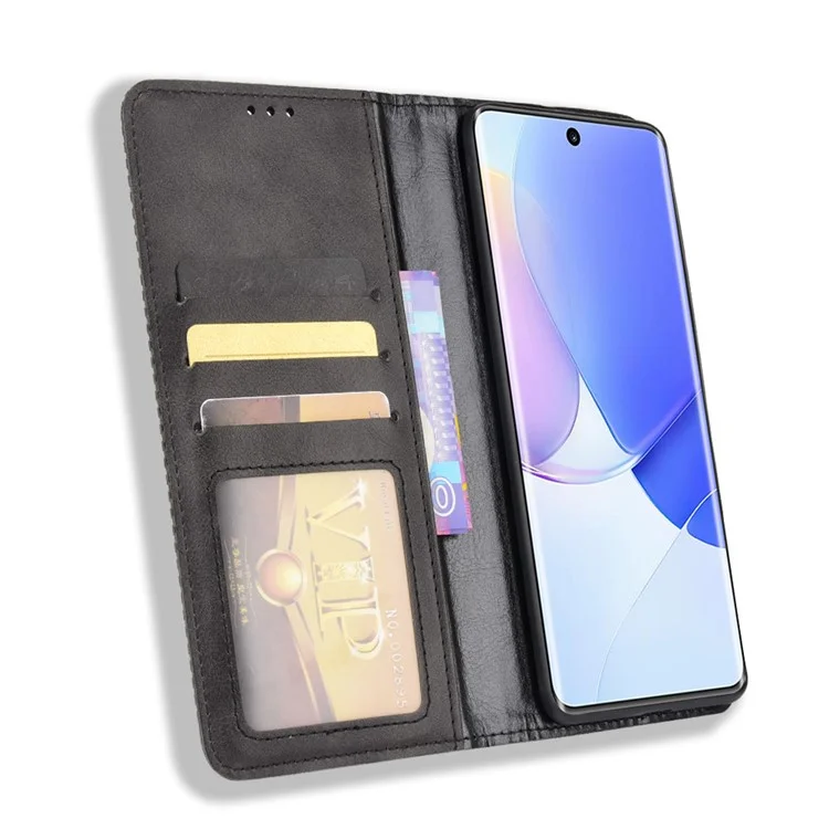 Retro Textured Surface Phone Leather Case Shockproof Wallet Stand Cover for Huawei nova 9 - Black-Cellmalls