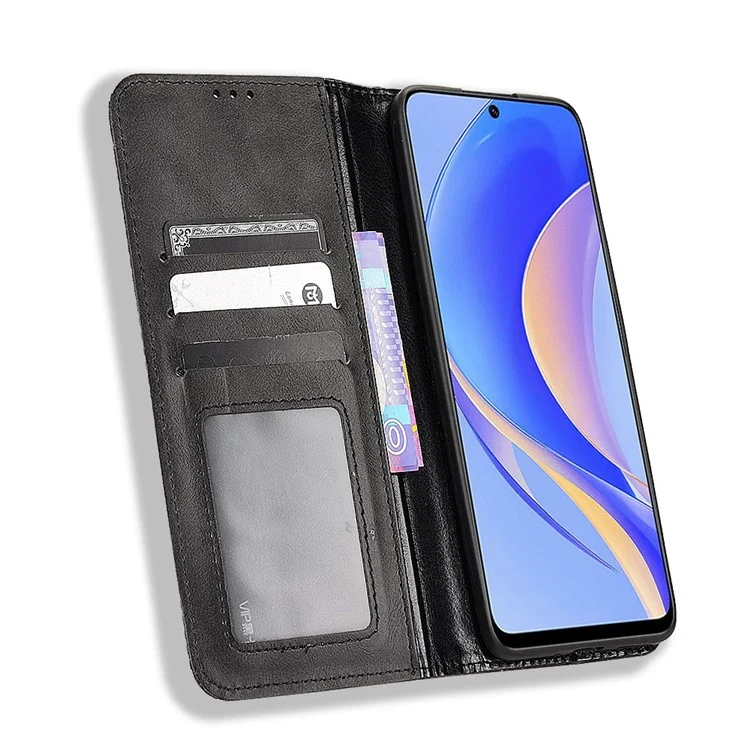 Huawei nova Y90 4G / Enjoy 50 Pro 4G Vintage PU Leather Phone Case Drop-proof Flip Wallet Cover Stand Protective Shell - Black-Cellmalls