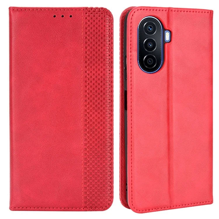 For Huawei nova Y70 4G/nova Y70 Plus 4G PU Leather Retro Texture Anti-wear Cell Phone Case Stand Wallet Shockproof Cover - Red-Cellmalls