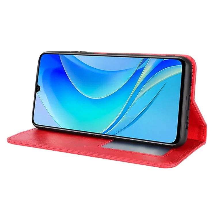 For Huawei nova Y70 4G/nova Y70 Plus 4G PU Leather Retro Texture Anti-wear Cell Phone Case Stand Wallet Shockproof Cover - Red-Cellmalls