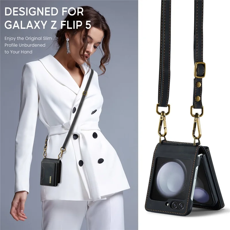 DG.MING M2 Series for Samsung Galaxy Z Flip7 FE 5G / Z Flip6 5G Case PU+PC Phone Cover with Wallet, Strap - Black-Cellmalls