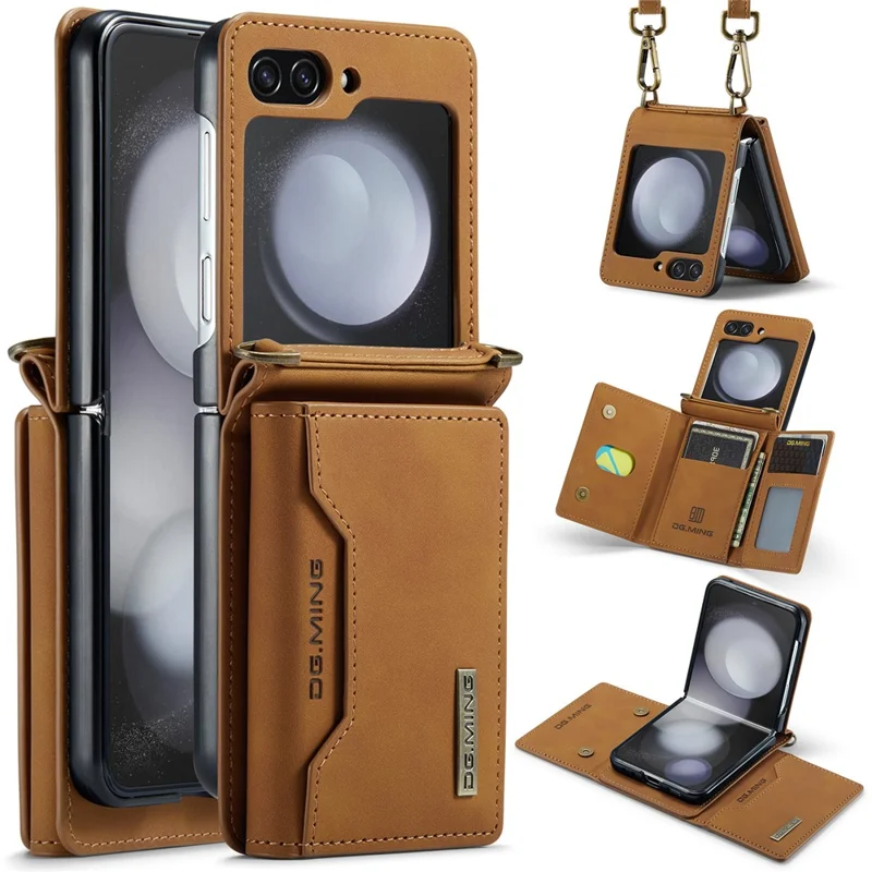 DG.MING M2 Series for Samsung Galaxy Z Flip7 FE 5G / Z Flip6 5G Case PU+PC Phone Cover with Wallet, Strap - Black-Cellmalls