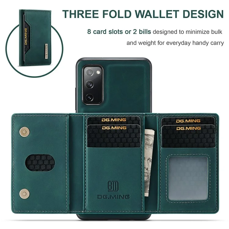 DG.MING M2 Series Magnetic Detachable Hybrid Case with Tri-Fold Wallet Kickstand Design for Samsung Galaxy S20 FE 2022/S20 FE 4G/S20 FE 5G/S20 Lite - Green-Cellmalls