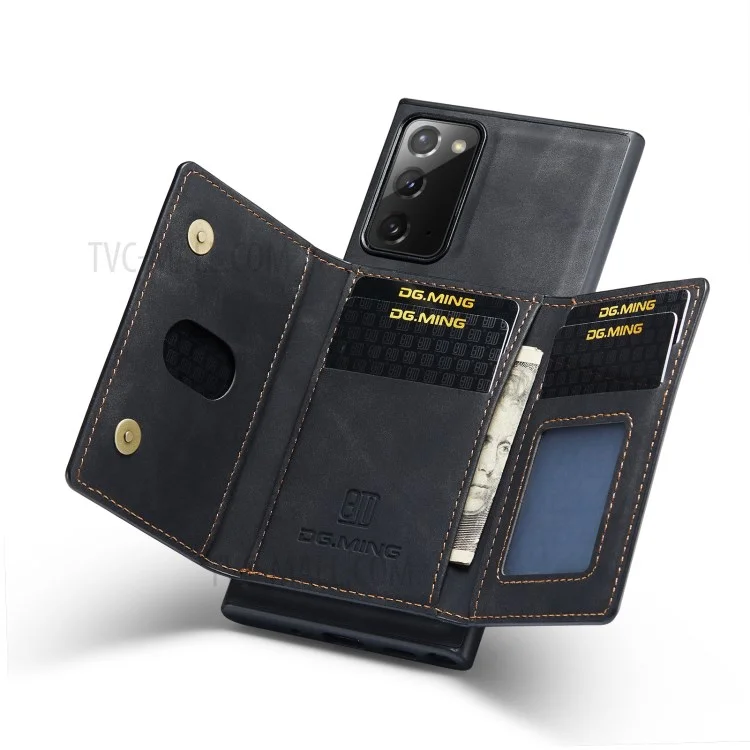 DG.MING M2 Series Tri-fold Wallet Magnetic Kickstand Design Leather Case for Samsung Galaxy Note20 4G/5G - Black-Cellmalls