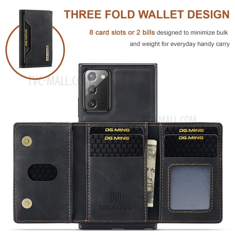 DG.MING M2 Series Tri-fold Wallet Magnetic Kickstand Design Leather Case for Samsung Galaxy Note20 4G/5G - Black-Cellmalls