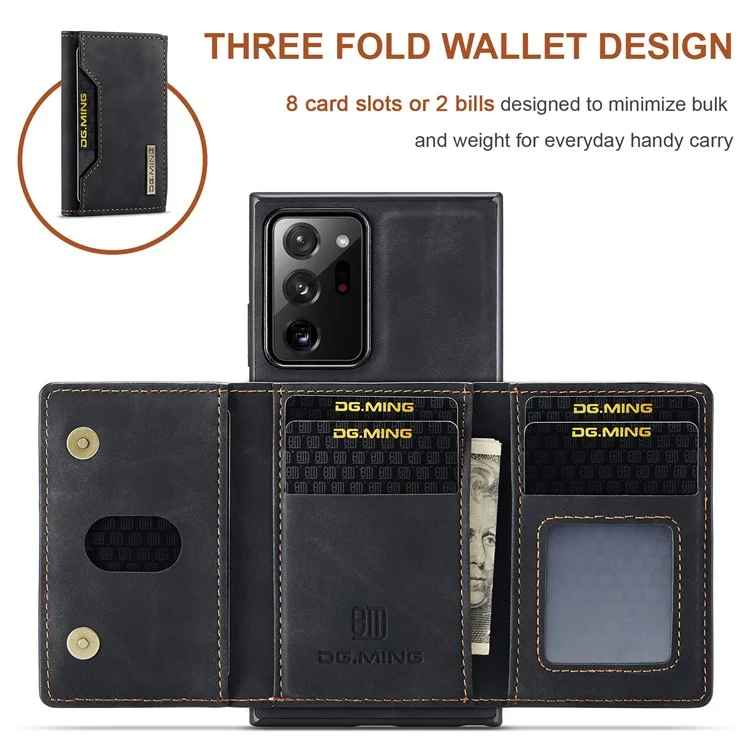 DG.MING M2 Series Magnetic Tri-fold Wallet Kickstand Leather Case for Samsung Galaxy Note20 Ultra/Note20 Ultra 5G - Black-Cellmalls