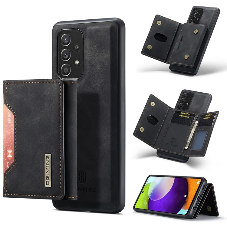 DG.MING M2 Series Anti-fall Tri-fold Wallet Magnetic Kickstand Leather Case for Samsung Galaxy A52 4G/5G / A52s 5G - Black-Cellmalls