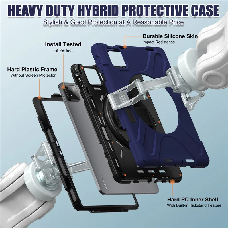 For Xiaomi Pad 7 Kickstand Case TPU PC Silicone Tablet Cover with Shoulder Strap - Navy Blue-Cellmalls