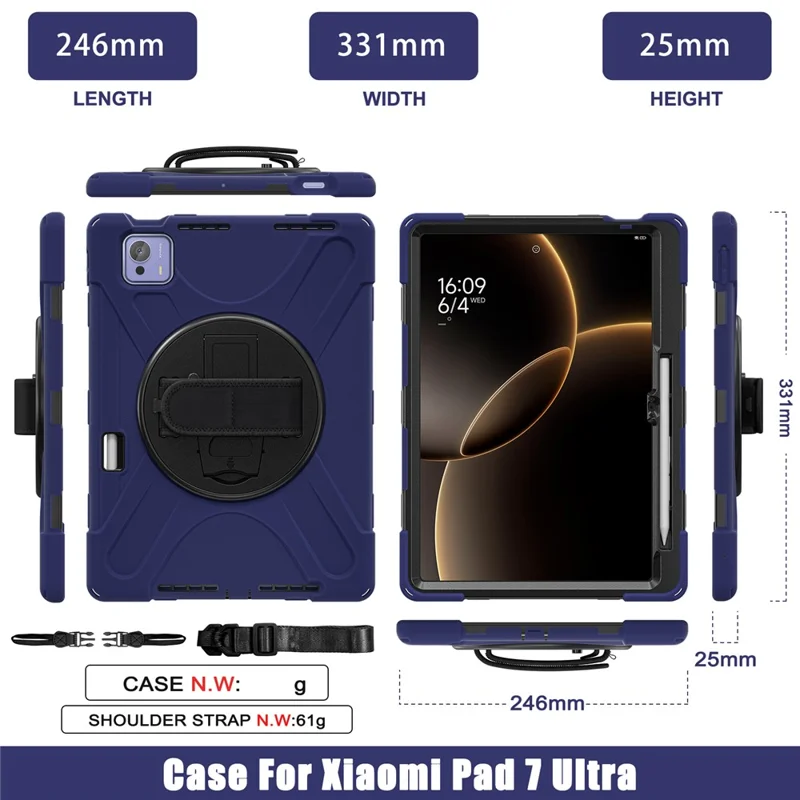 For Xiaomi Pad 7 Ultra Kickstand Case TPU PC Silicone Tablet Cover with Shoulder Strap - Navy Blue-Cellmalls