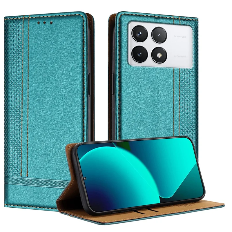 For Xiaomi 14T Case L-Shaped Grid Pattern Leather Stand Phone Cover with Card Slots - Blue-Cellmalls