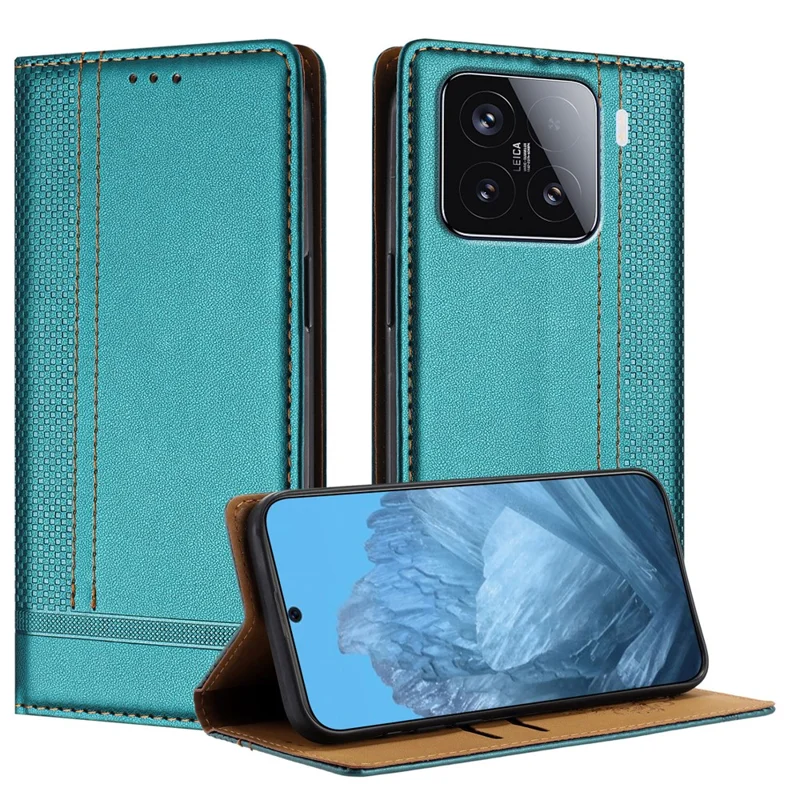 For Xiaomi 15 Case L-Shaped Grid Pattern Leather Stand Phone Cover with Card Slots - Blue-Cellmalls