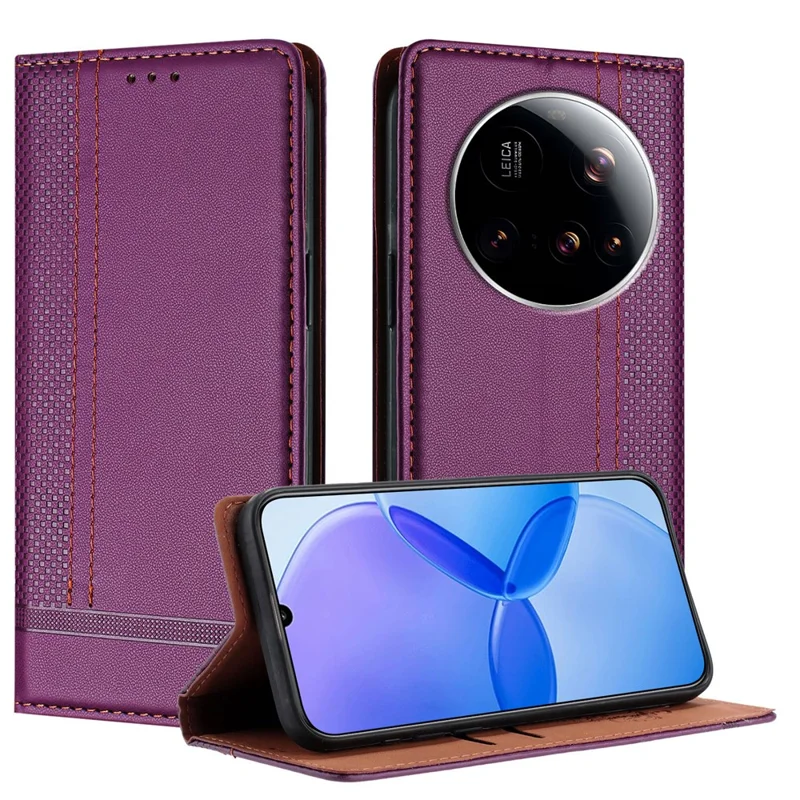 For Xiaomi 15 Ultra Case L-Shaped Grid Pattern Leather Stand Phone Cover with Card Slots - Blue-Cellmalls