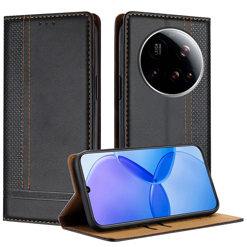 For Xiaomi 15 Ultra Case L-Shaped Grid Pattern Leather Stand Phone Cover with Card Slots - Blue-Cellmalls