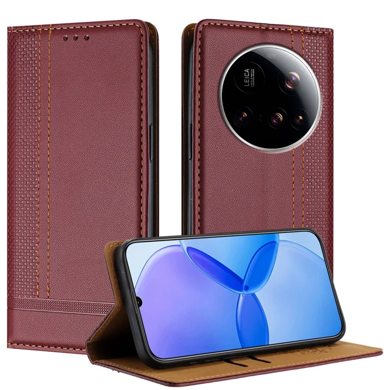 For Xiaomi 15 Ultra Case L-Shaped Grid Pattern Leather Stand Phone Cover with Card Slots - Blue-Cellmalls