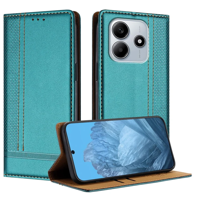 For Xiaomi Redmi Note 14 5G Case L-Shaped Grid Pattern Leather Stand Phone Cover with Card Slots - Blue-Cellmalls