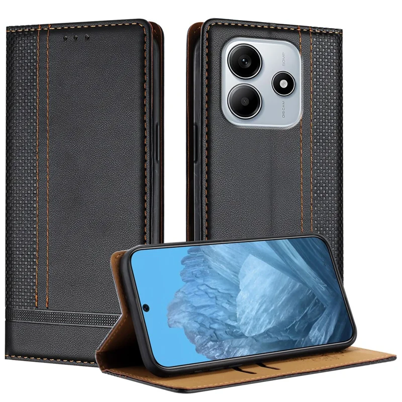 For Xiaomi Redmi Note 14 5G Case L-Shaped Grid Pattern Leather Stand Phone Cover with Card Slots - Blue-Cellmalls