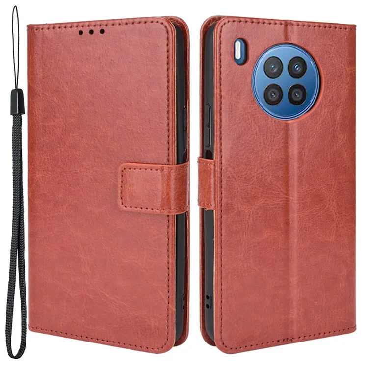 Crazy Horse Texture Anti-Scratch PU Leather Wallet Magnetic Clasp Case with Wrist Strap for Huawei nova 8i/Honor 50 Lite - Gold-Cellmalls